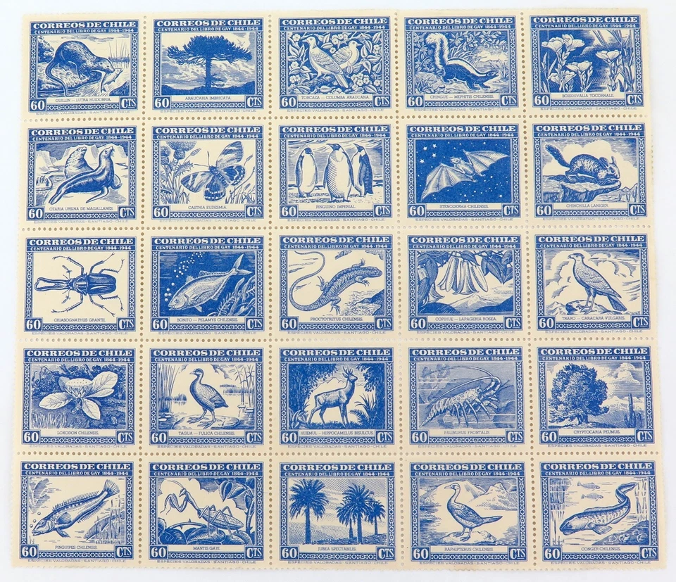 .SCARCE 1944 CHILE BLOCK of 25 60 Cents, FLORA & FAUNA, CLAUDIO GAY. MH - Image 1 of 4