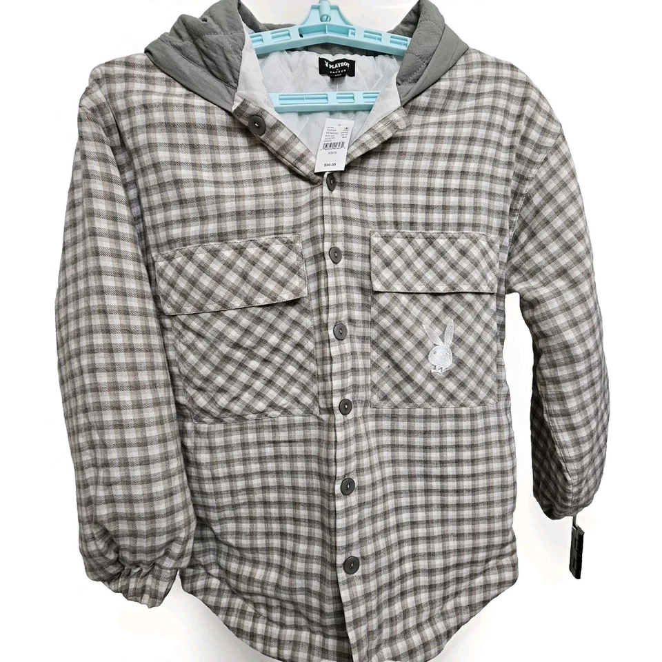 Chaqueta Pacsun Playboy Para Hombres XS/S Gris a Cuadros Capucha Edredón Forrado Bolsillos Funciona Grande Nueva con Etiquetas Foto 1 de 4