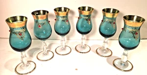 ANTIQUE VINTAGE 6 BOHEMIAN CORDIAL GLASSES COLORED & PAINTED & JEWELED - Picture 1 of 8