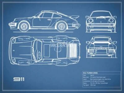 Poster - Porsche 911 Turbo 1977 Blueprint, Retro Modern Patent, 3 Sizes - Image 1 of 4