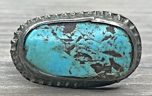 Old Pawn Navajo Native Sterling 925 Large Horizontal Turquoise Stone Ring SZ 6.5 - Picture 1 of 10