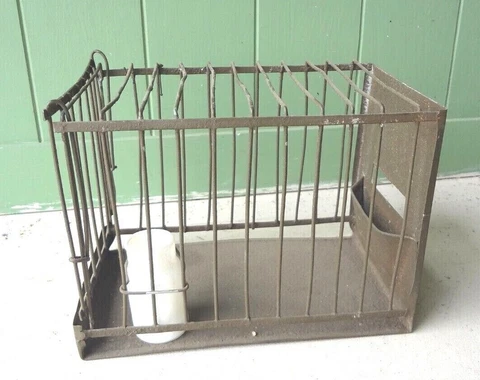 Antique  All Brass Chick Shipping Transport Bird Cage w/ Milk Glass Waterer Cover