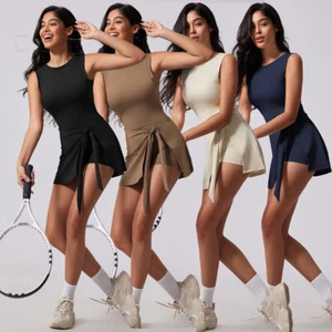 Women's Nude Tennis Dress Sleeveless Wrap Skirt Built in Shorts Athletic Dress - Picture 1 of 39