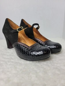 Chie Mihara Kitaro Womens Shoes Size 10 Black Croc Leather Suede Mary Jane Heel - Picture 1 of 8