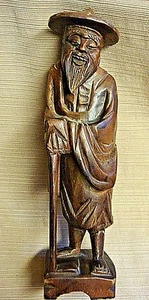 Vintage Hand Carved Wooden Asian Man 12" Statue - Nice Detail - Picture 1 of 11