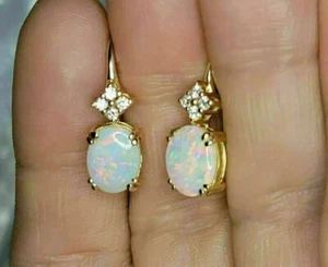 4Ct Oval Cut Fire Opal & Diamond Drop & Dangle Earrings 14k Yellow Gold Finish - Picture 1 of 7