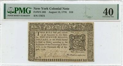 1776 August 13, $10 New York Colonial Note FR#NY-205 PMG XF40 Elephant - Image 1 of 2