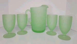 Vintage Indiana Glass Tiara Frosted Satin Mint Green 5 Piece Set Pitcher & Cups  - Picture 1 of 24
