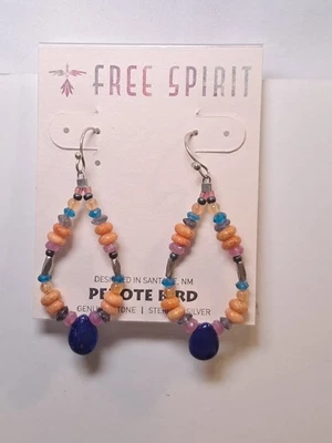 NWT Peyote Bird Teardrop Shaped Multicolor Gemstone Earrings 2" Silver Hook - Image 1 of 4