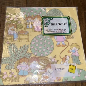 Vintage 70’s Gift Wrap 2 Sheets Children Dog Cookies Flowers Soft Colors Sealed - Picture 1 of 5