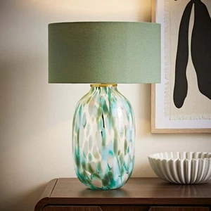 Glass Table Lamp Green Confetti Base Drum Fabric Lampshade Living Room Light - Picture 1 of 8