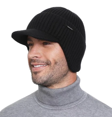 Winter Beanie with Brim & Ear Flaps, Warm Fleece Lined Knit Hat for Men Women - Image 1 of 4