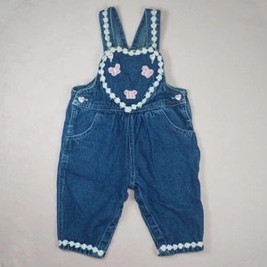 Vintage 90s Denim Overalls Heart Butterfly Daisy Baby 3-6 Months Novelty Cute - Picture 1 of 10