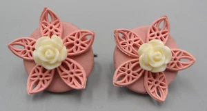 Clip on Flower Earrings Pink Ceramic Plastic Filigree Cream Resin Roses Vtg 7/8" - Picture 1 of 6