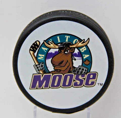 MANITOBA MOOSE VINTAGE IHL OFFICIAL INGLASCO VEGUM MFG. HOCKEY PUCK SLOVAKIA Cover