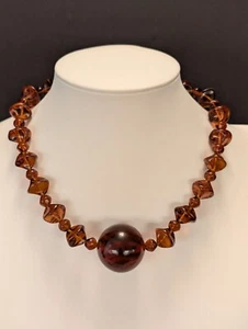 Vintage Babylone Paris Amber Glass Bead Necklace Faux Amber Center Bead 17" Bold - Picture 1 of 9