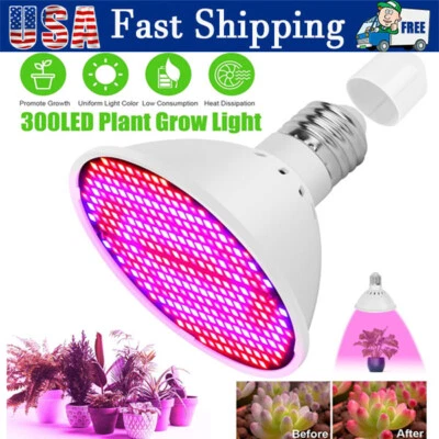 300LED Grow Light Bulb Full Spectrum Light for Indoor Plants Flowers Veg Growing - Image 1 of 4