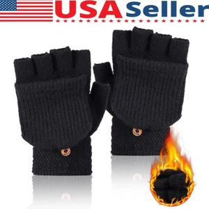 Men Women Winter Wool Knitted Gloves Convertible Fingerless Mittens Flap Cover - Picture 1 of 15