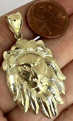 GOLd Lion face head LEO 10k pendant Yellow Diamond Cut necklace charm 1.70” - Image 1 of 4