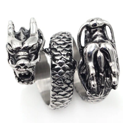 Men's Big Heavy Double Dragon Head Ring Stainless Steel Biker Punk Rock Jewelry - Image 1 of 4