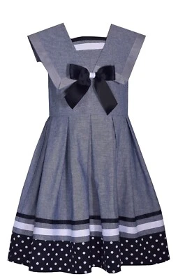 Bonnie Jean Little Big Girls 4-16 Sleeveless Denim Nautical Bow Uniform dress - Image 1 of 3