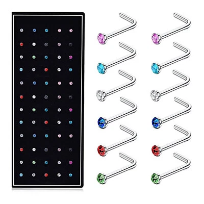 60Pcs 20G L-Shaped CZ Nose Rings Bone Stud Stainless Steel Body Piercing Jewelry - Image 1 of 4
