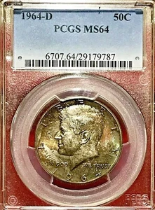 1964-D KENNEDY HALF DOLLAR PCGS MS-64 RAINBOW TONED - Picture 1 of 3