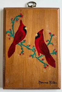 2 Red Cardinals on Holly Branches Painting on Wood Board by Norma Ritter 1975 - Picture 1 of 4