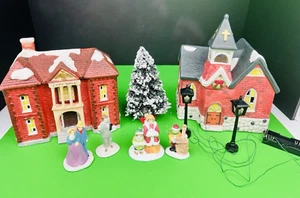VTG 9 Piece Christmas Town Hall Church Figurines Tree Lights Village Collection - Picture 1 of 24