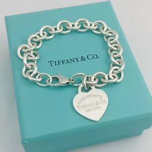 Large 8.5” Return to Tiffany Silver Heart Tag Charm Bracelet Blue Box or Pouch - Picture 1 of 6