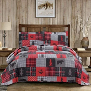Rustic Bear Quilts Set Full/Queen Size, Red Black Plaid Patchwork Bedding Lightw - Picture 1 of 7