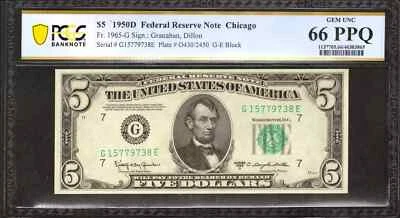 1950 D $5 FEDERAL RESERVE NOTE CHICAGO FR.1965-G GE BLOCK PCGS UNC 66 PPQ (738E) - Image 1 of 2