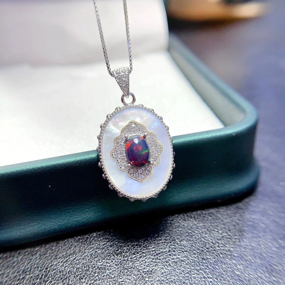Luxury Charming Black Opal Gemstone 925 Sterling Silver Pendant Necklace - Image 1 of 1