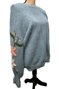 Maglione VEDI ED VEDI serie di fiori ricamato blu accogliente taglia large - Foto 1 di 12