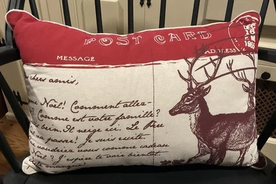 Red & Cream Christmas Lumbar Decor Pillow With French Writing 20” x 13” - Image 1 of 3