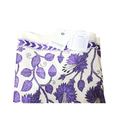 Estola de seda Biswa Banola Kantha Stitch tecida à mão – Roxa e branca - Imagem 1 de 4