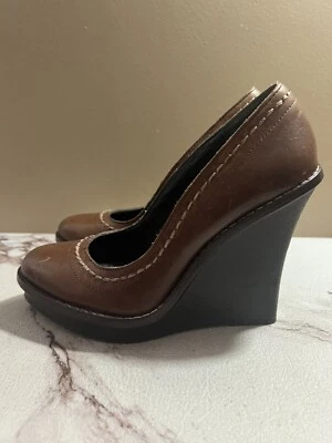 True Religion Handmade RUST Leather Wedge Heels Sz 7 - Image 1 of 4