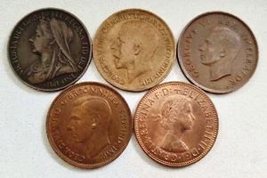 RARE OLD VINTAGE LOT 5 GREAT UK/BRITAIN BRONZE COIN'S - ONE PENNY - Picture 1 of 2