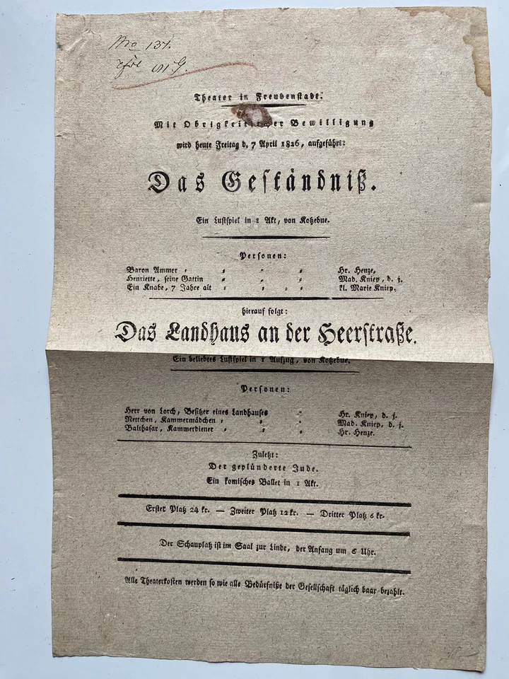 Theater in  Freudenstadt - Das Geständniß  - seltener original Flyer von 1826 - Bild 1 von 1