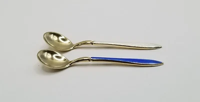 2 Vtg David Andersen Norway Gilt Sterling Silver Guilloche Enamel Salt Spoons - Image 1 of 4