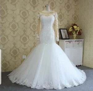 UK White Ivory Beaded Lace Long Sleeve Corset Mermaid Wedding Dresses Size 6-18 - Picture 1 of 2