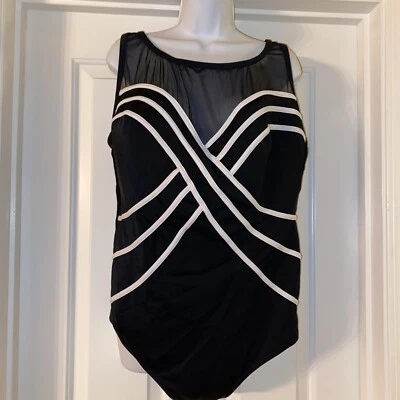 Vtg Longitude Swimsuit One Piece Black White Slimming Classic Retro Mesh 24W - Image 1 of 4