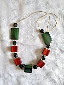 Geometric Wood & Oval Ceramic Bead Cord Necklace - Near Vintage - Picture 1 of 7