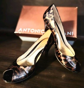 ANTONIO MELANI Tortoise Shell Heel Pump Bronze Amberglow Patent Leather Sz 8.5 - Picture 1 of 9