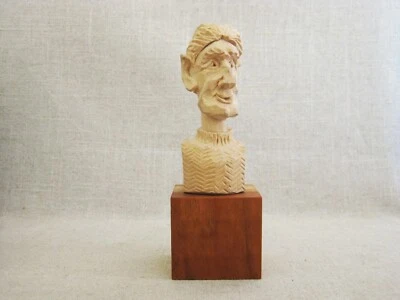 Vintage Male Portrait Bust, Folk Art Wood Carving, Small Carved Sculpture - Image 1 of 4