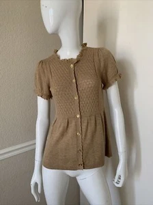 JUICY COUTURE Beige Tan Cashmere Viscose Short Sleeve Button Front Sweater Sz S - Picture 1 of 7