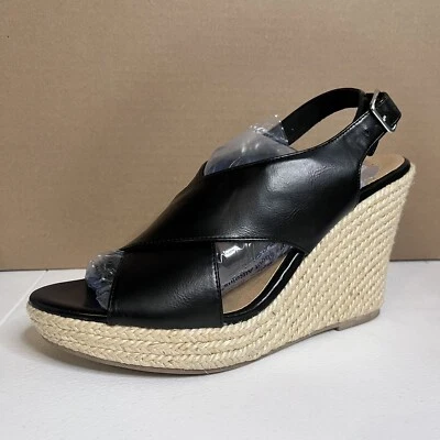 American Eagle Wedge Sandals Black Leather Open Toe Buckle Womens Size 10 - Image 1 of 4