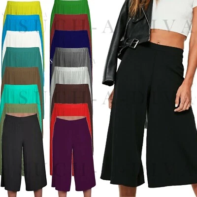 Ladies Womens Elasticated Stretch Wide Leg Culottes 3/4th Length Plus Size 8-26 - Image 1 of 2