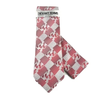 Stacy Adams Men's Tie & Hanky Set Red Silver Microfiber Plaids & Checks Stripes - Image 1 of 3