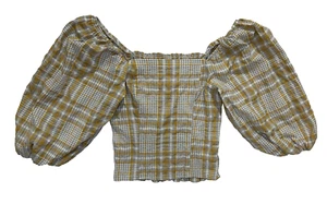 Maeve Anthropologie Boho Karo Crop Top Gr. XS Puff 3/4 SL Square Neck Crinkly - Bild 1 von 11